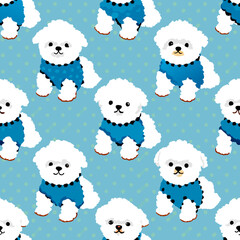 Cute Bichon Frise. White fluffy dog. Puppy wearing sweater. Pretty funny character. Cartoon Style. Hand drawn Vector illustartion. Squre Seamless Pattern. blue Background