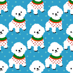 Cute Bichon Frise. White fluffy dog. Puppy wearing sweater. Pretty funny character. Cartoon Style. Hand drawn Vector illustartion. Squre Seamless Pattern. blue Background