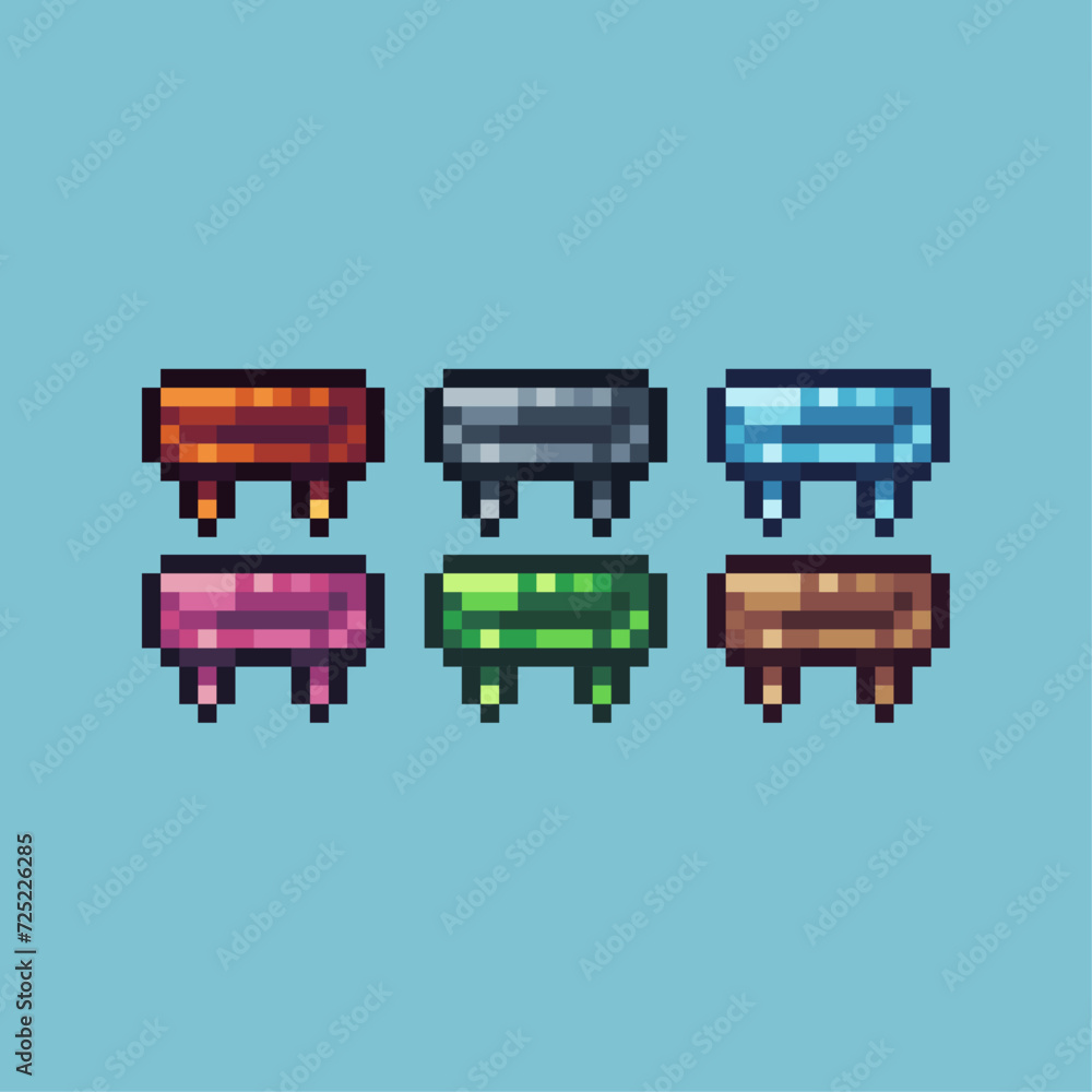 Poster pixel art sets icon of table variation color.table icon on pixelated style. 8bits perfect for game a