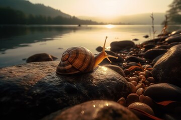 snail resting on top of a rock situated by the edge of a body of water - obrazy, fototapety, plakaty