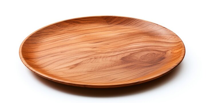 Wooden plate on white background, no contents, angled view