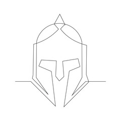 Continuous single line sketch drawing of knight warrior sparta helmet mask. One line art of ancient military soldier armor greek roman vector illustration