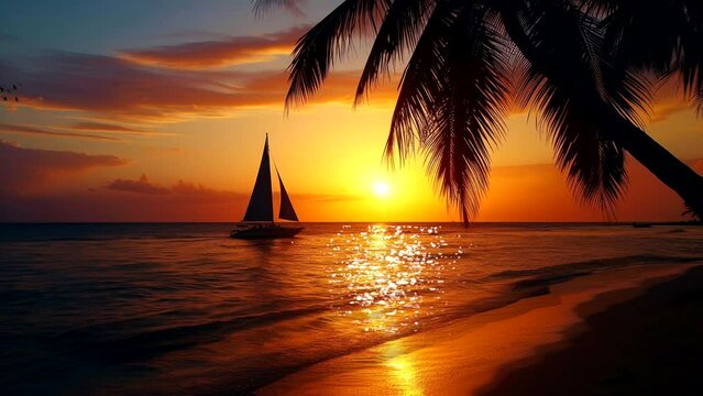 beautiful sunset view on beach with sailboat and coconut tree palm leave  video looping background for live wallpaper 4k quality 