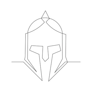 Continuous single line sketch drawing of knight warrior sparta helmet mask. One line art of ancient military soldier armor greek roman vector illustration