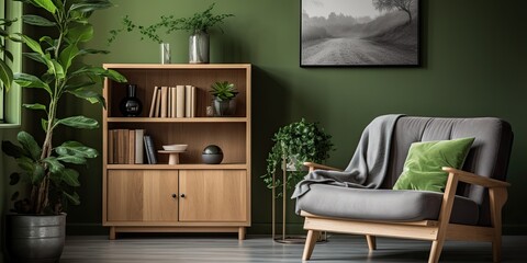 Photo of a grey lounge with green cushion, wooden table, poster, and book-filled cupboard in a bright sitting room.