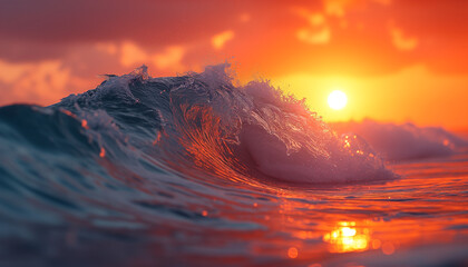 Crisp, turquoise wave curling perfectly with a spray of sea foam on a sunlit with sunset, pristine beach lined with lush greenery.