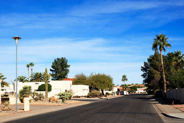 Warm and sunny winter morning in Arizona desert style xeriscaped residential community decorated...