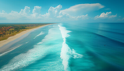 Crisp, turquoise wave curling perfectly with a spray of sea foam on a sunlit, pristine beach lined with lush greenery.