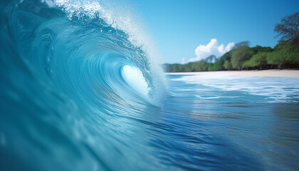 Crisp, turquoise wave curling perfectly with a spray of sea foam on a sunlit, pristine beach lined with lush greenery.