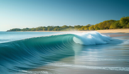 Crisp, turquoise wave curling perfectly with a spray of sea foam on a sunlit, pristine beach lined with lush greenery.