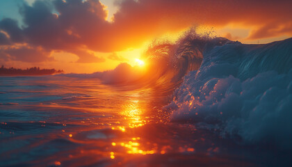 Crisp, turquoise wave curling perfectly with a spray of sea foam on a sunlit with sunset, pristine beach lined with lush greenery.