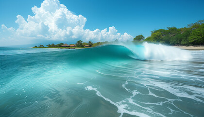 Crisp, turquoise wave curling perfectly with a spray of sea foam on a sunlit, pristine beach lined with lush greenery.
