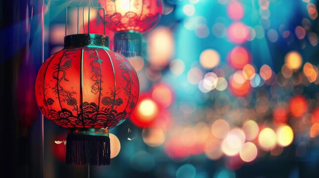 Chinese lanterns. chinese asian new year red lamps festival 3d chinatown traditional realistic,  Seamless looping 4k time-lapse virtual video animation background. Generated AI