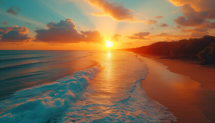 Crisp, turquoise wave curling perfectly with a spray of sea foam on a sunlit with sunset, pristine beach lined with lush greenery.