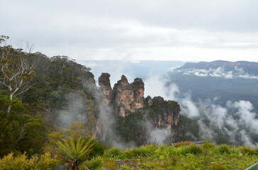 Misty winters day view of the Three Sisters in the Blue Mountains, NSW, Australia.