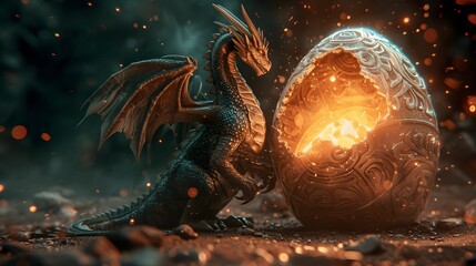 dragon hatching from a giant, glowing egg