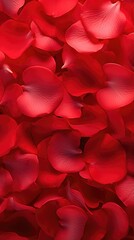 Close-up of bright red rose petals scattered across a surface.
