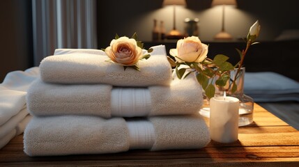 Obraz na płótnie Canvas A neat stack of fluffy towels on a wooden table against a background of plants. The theme of comfort and cleanliness at home and in the hotel.