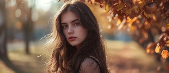 Attentively observe the pretty girl with long brown hair, alluring lips, and captivating eyes in a brown skirt and sheer blouse expressing emotions in isolation.