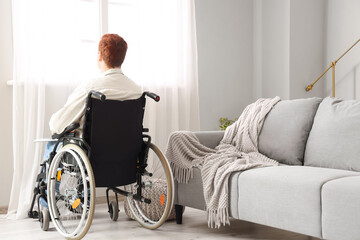 Young man in wheelchair near window at home, back view