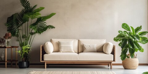Contemporary living room with cozy couch, table, and plants, cropped with empty area.