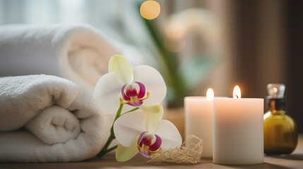 Obraz na płótnie Canvas decoration Candles are lit. for spa and massage. white frangipani flowers blooming, plumeria, black zen stone, health concept, massage, spa,