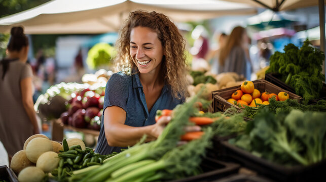 Cheerful Female Farmer Showcasing an Abundance of Organic Vegetables at a Local Farmer's Market. Sustainable Agriculture Concept