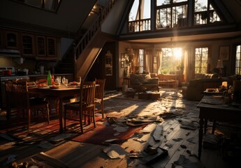 damaged house with hole in the floor and furniture in the front. - obrazy, fototapety, plakaty