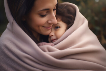 Fototapeta premium Young Mother Cuddling Her Sleeping Baby in a Warm Beige Blanket. Family Affection Concept