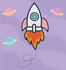 Rocket and planets illustration, vector with harmonic colors