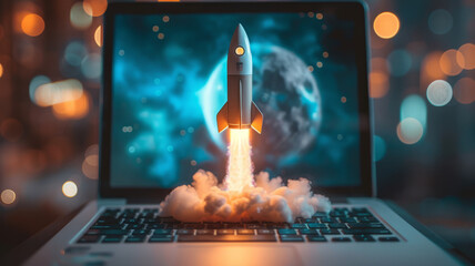 Rocket coming out of laptop screen, innovation and creativity concept, generative ai