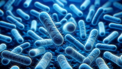 close-up view of numerous 3D-modeled bacteria with a vibrant blue color