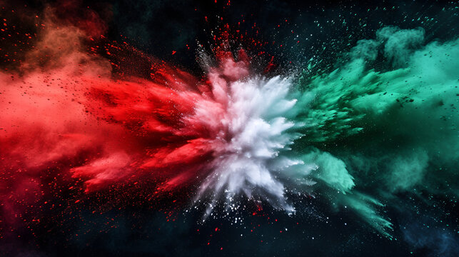  Green white and red colored powder explosions on black background. Holi paint powder splash in colors of Mexican flag. generative ai