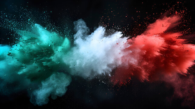  Green white and red colored powder explosions on black background. Holi paint powder splash in colors of Mexican flag. generative ai