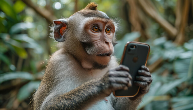 monkey taking a selfie with his mobile phone, generative ai.