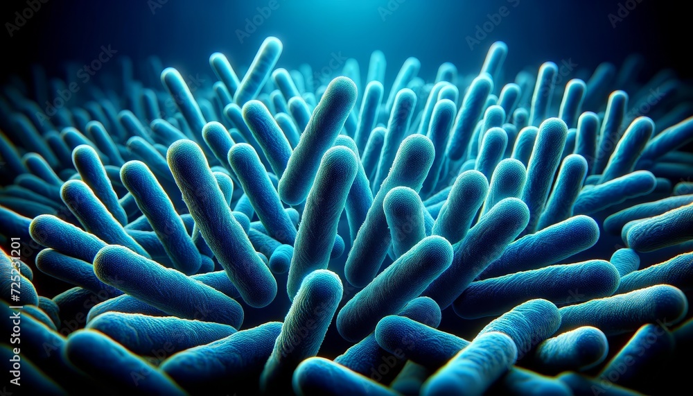 Aufkleber close-up view of numerous 3d-modeled bacteria with a vibrant blue color