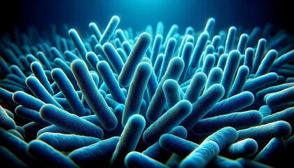 close-up view of numerous 3D-modeled bacteria with a vibrant blue color