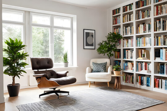 modern library with cozy armchair and book shelves with books arranged in room with potted plant	