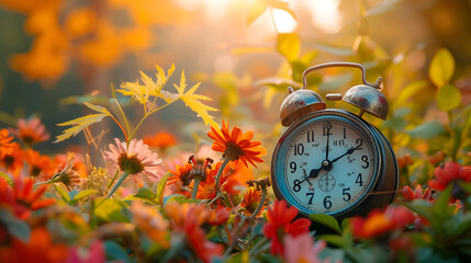 Naklejka na ściany i meble Daylight saving time ends. Alarm clock on beautiful nature background with summer flowers and autumn leaves. Summer time end and fall season coming. Clock turn backward to winter time. Autumn equinox