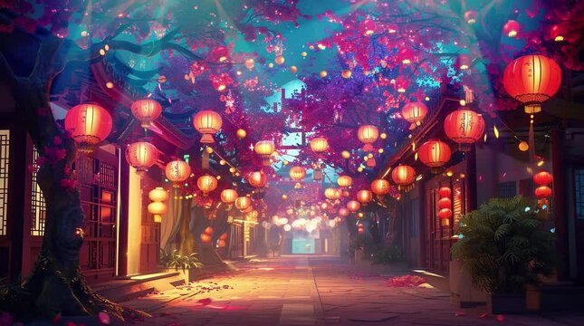 Happy Chinese new year background. Year of the dragon design wallpaper with Chinese pattern, gold hanging lantern.  Seamless looping 4k time-lapse virtual video animation background. Generated AI