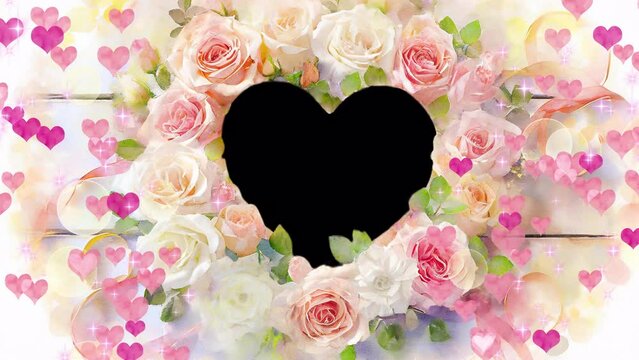 Rose and Heart-shaped Photo Frame: Decorative, Alpha Channel, Looping Video for Happy Wedding Imagery of a Bride

