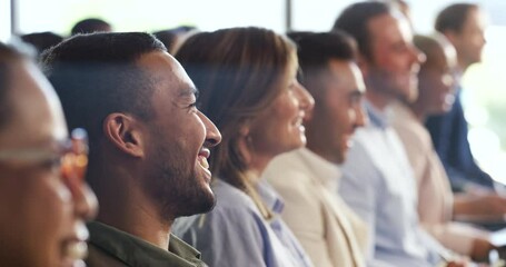 Business people, corporate conference and laugh, presentation or show with talk, audience and team building. Professional workshop, diversity with men and women, funny story and communication