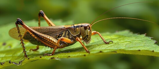 The cricket sat on a leaf, belonging to the Orthoptera order.