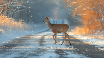 Deer run across road in early morning, generative ai