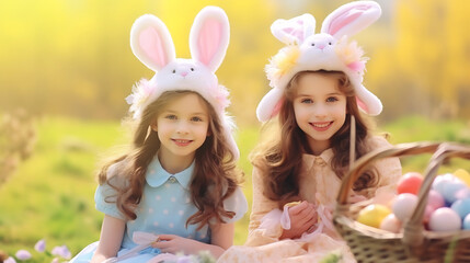 Two Little Sisters with Bunny Ears Playing with a Basket of Colorful Eggs on a Sunny Spring Meadow. Holiday Celebration Concept