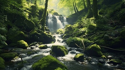 View of waterfall in deep forest. waterfall view in nature. Waterfall landscape in forest....