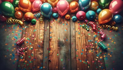 Party wooden table decorated for celebration with various decorations and colorful balloons