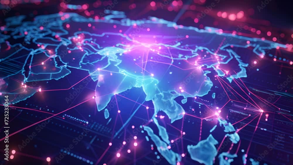 Poster asia's map in a digital cyberpunk style, with vibrant data streams and glowing connection points