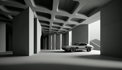 3d render of abstract modern architecture with empty concrete floor, car presentation background