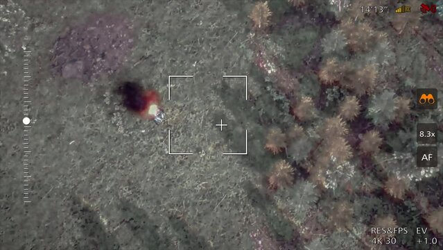 Modern Military Conflict. Drone Drops Bomb On Tank Detected In Combat Area. Drone Attacks Enemies With Explosive Bombs. Battlefield Conflict. Drone Strike Animation. Bomb Destroys Tank